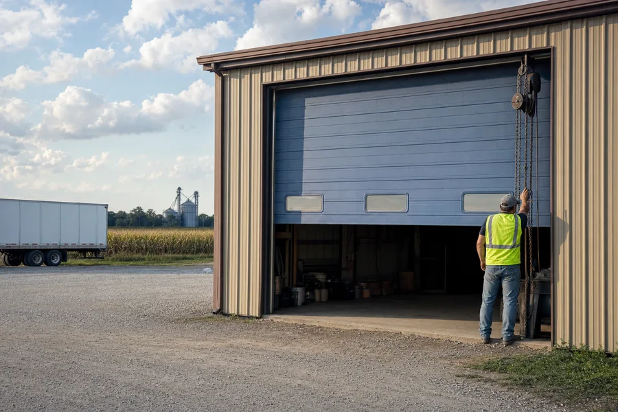 Technician inspecting the chain hoist of a commercial overhead door
