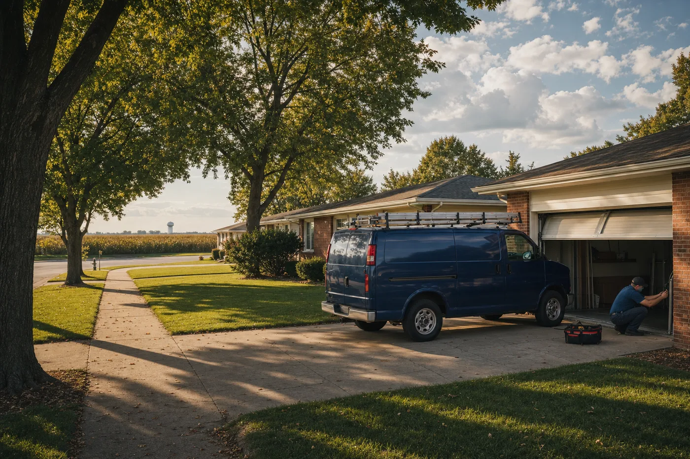 Garage door technician working at a brick ranch home on a maple-lined DeKalb street