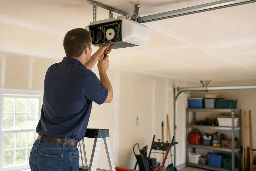 Technician servicing a ceiling-mounted garage door opener from a stepladder